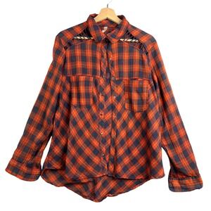 Free People Shirt Women's‎ Size S  100% Linen Red Plaid print Shoulder Cutouts
